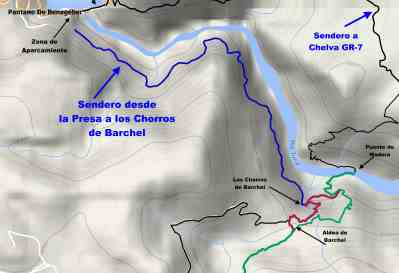 Mapa del camino a Barchel y los Chorros de Barchel